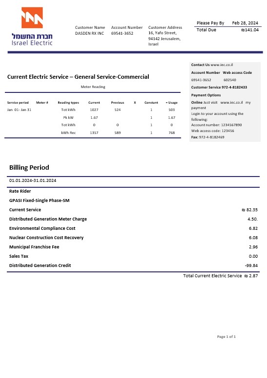 Israel Electric Corporation business utility bill template in Word and PDF formats